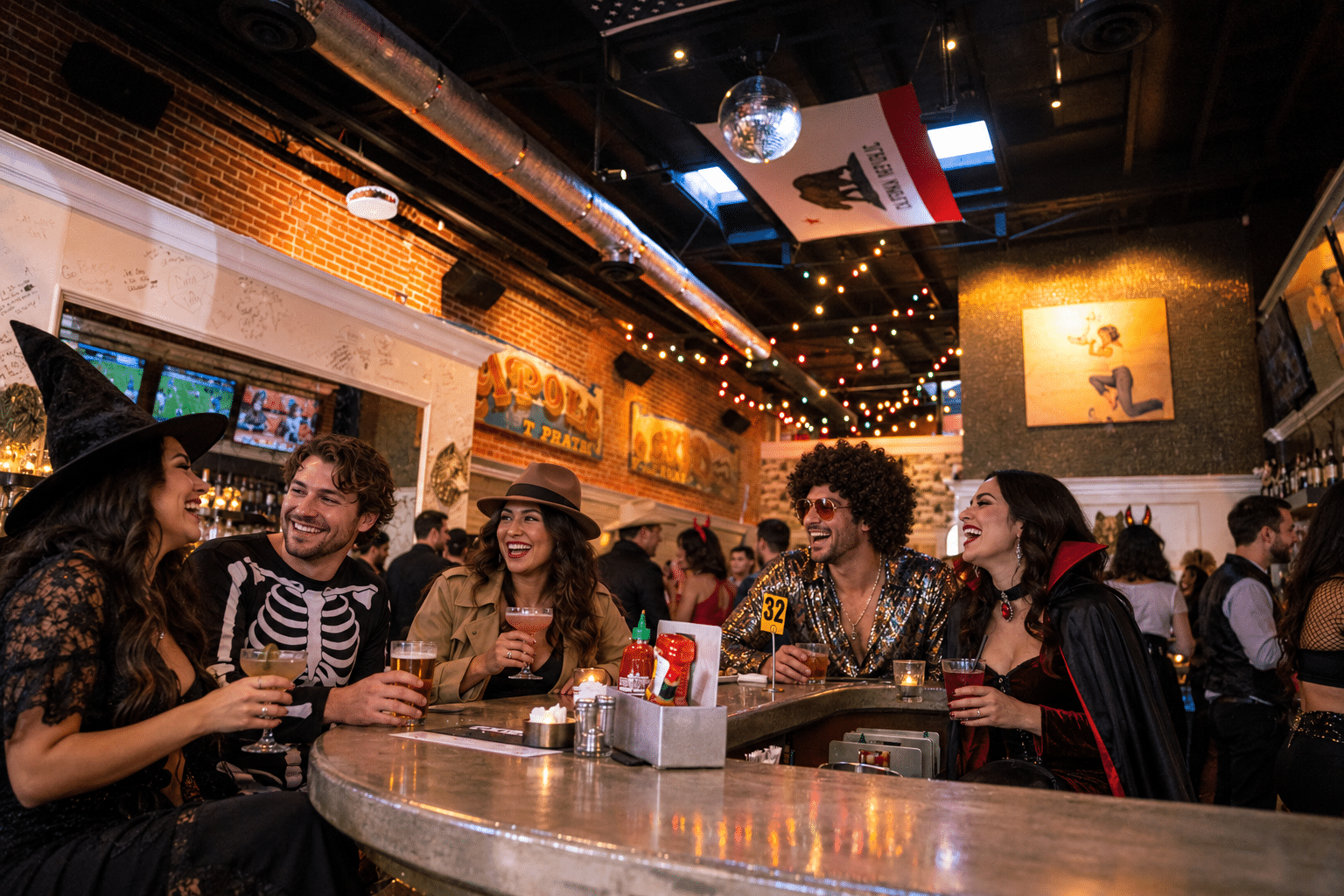 Costumed friends celebrate at Werewolf’s bar beneath colored string lights and a disco ball.