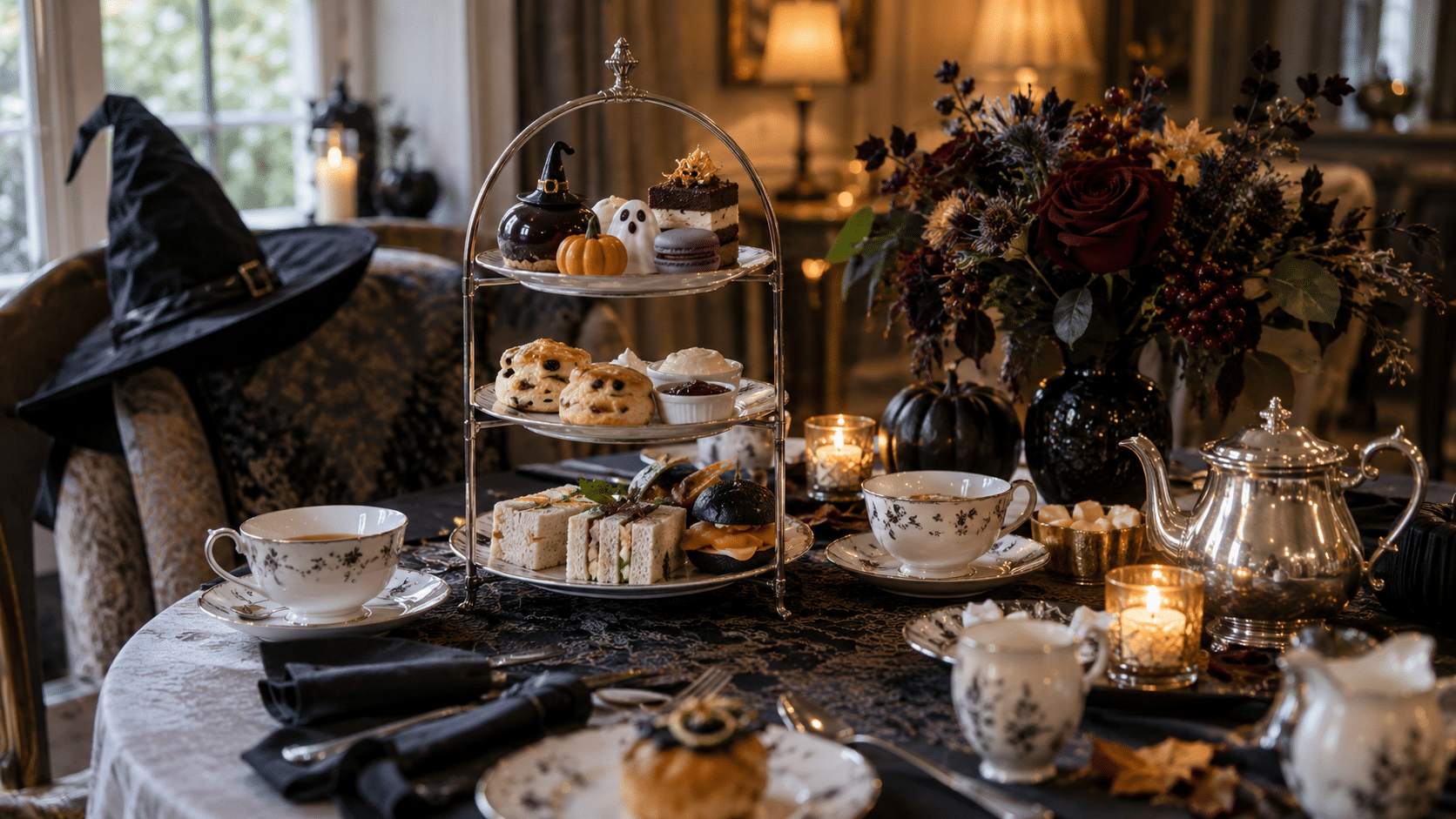 A tiered stand of pastries and tea sandwiches sits beside porcelain teacups and a black witch hat.