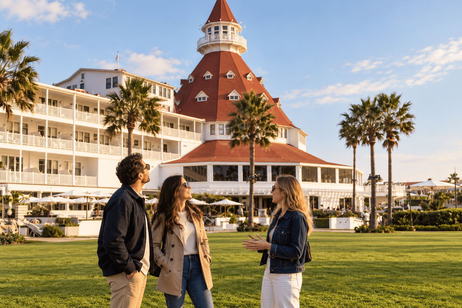 Three friends on a lawn in front of Hotel del Coronado’s white balconies and red-roofed turret.