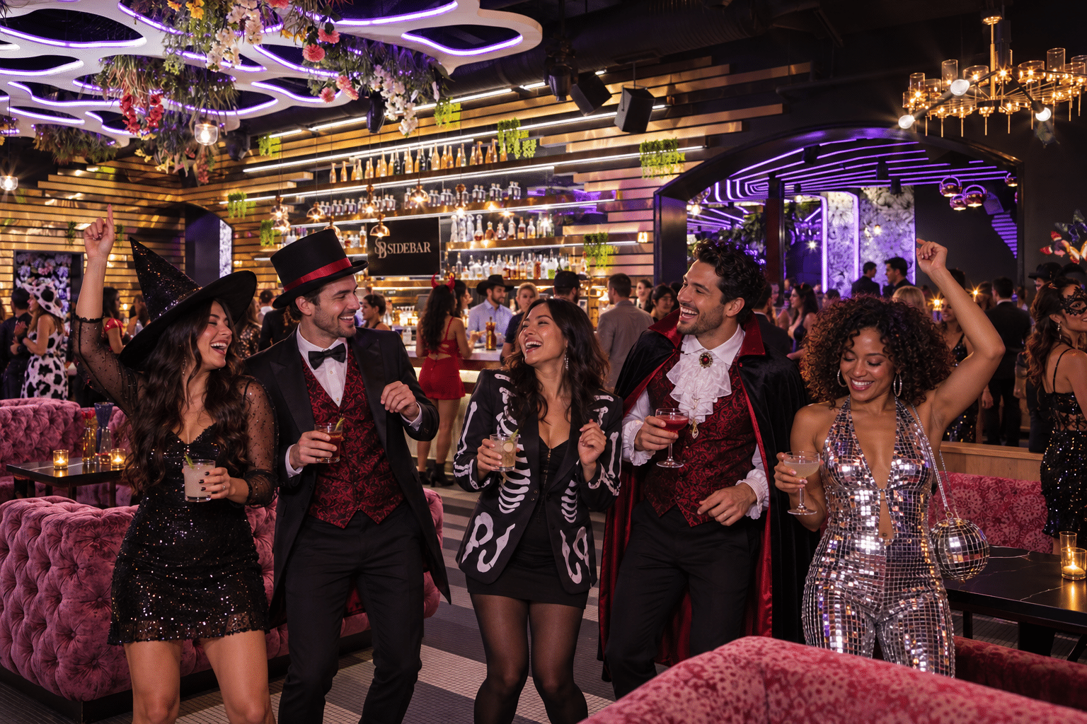 Friends in Halloween costumes celebrate beside SideBar’s pink lounge seating and gold-lit bar.