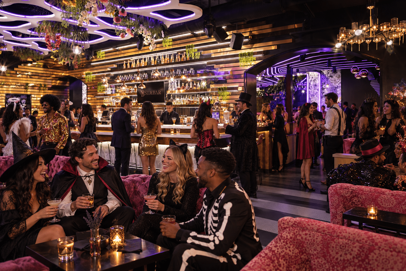 Four friends wearing Halloween accessories hold drinks beside pink seating in a purple-lit SideBar-inspired lounge.