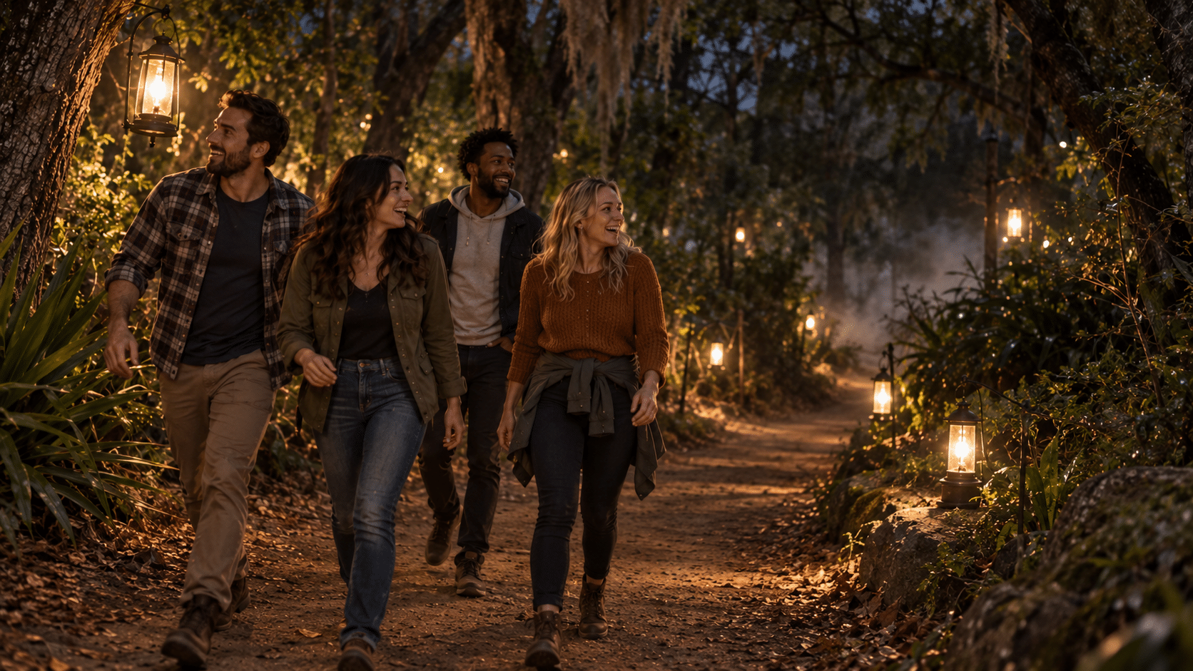 Friends walk along a lantern-lit wooded trail through light theatrical fog.