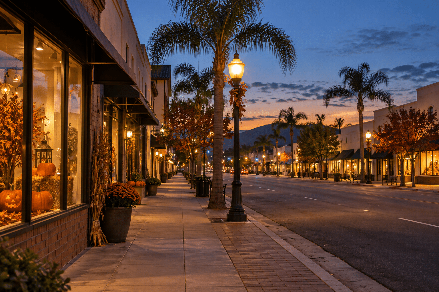 Quiet palm-lined shopping street at dusk with pumpkins in warmly lit storefront windows.