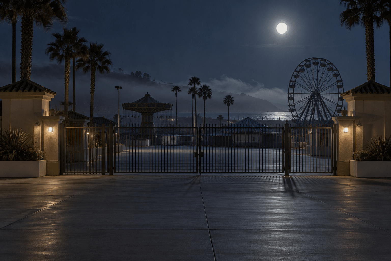 Closed fairground gates beneath a full moon, with palm trees and an unlit Ferris wheel.