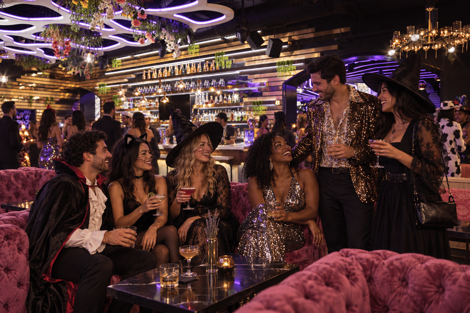 Five friends in witch, magician, disco, skeleton and detective costumes laugh together in front of the bar.