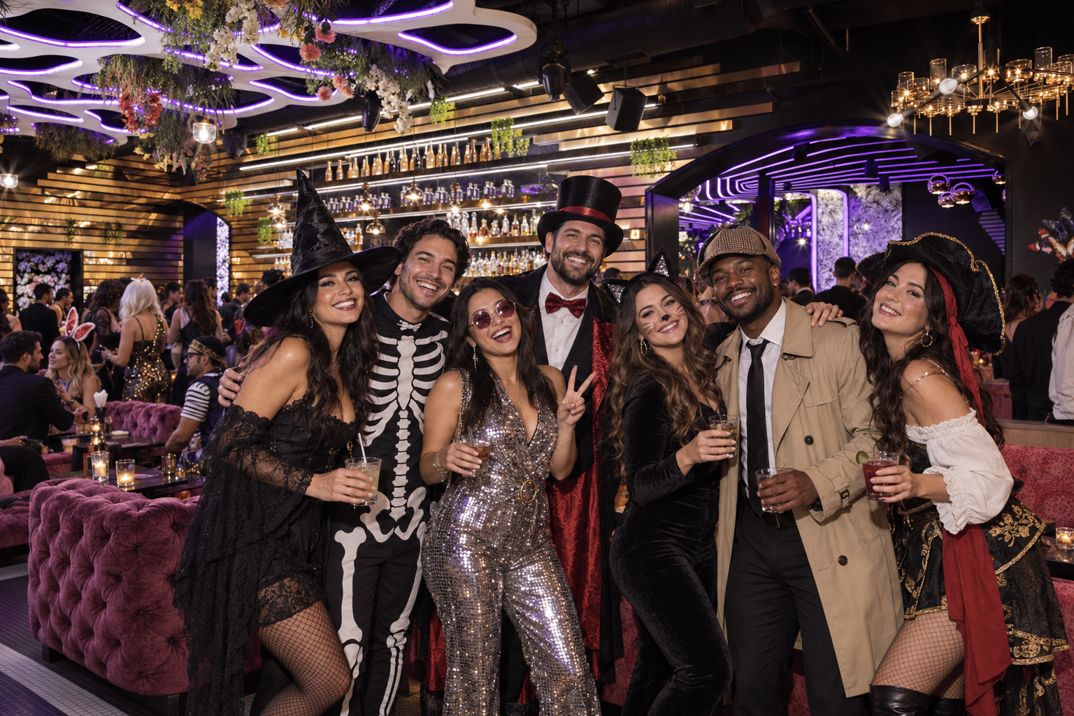 Costumed friends dance between the lounge seating and bar under purple and gold lighting.
