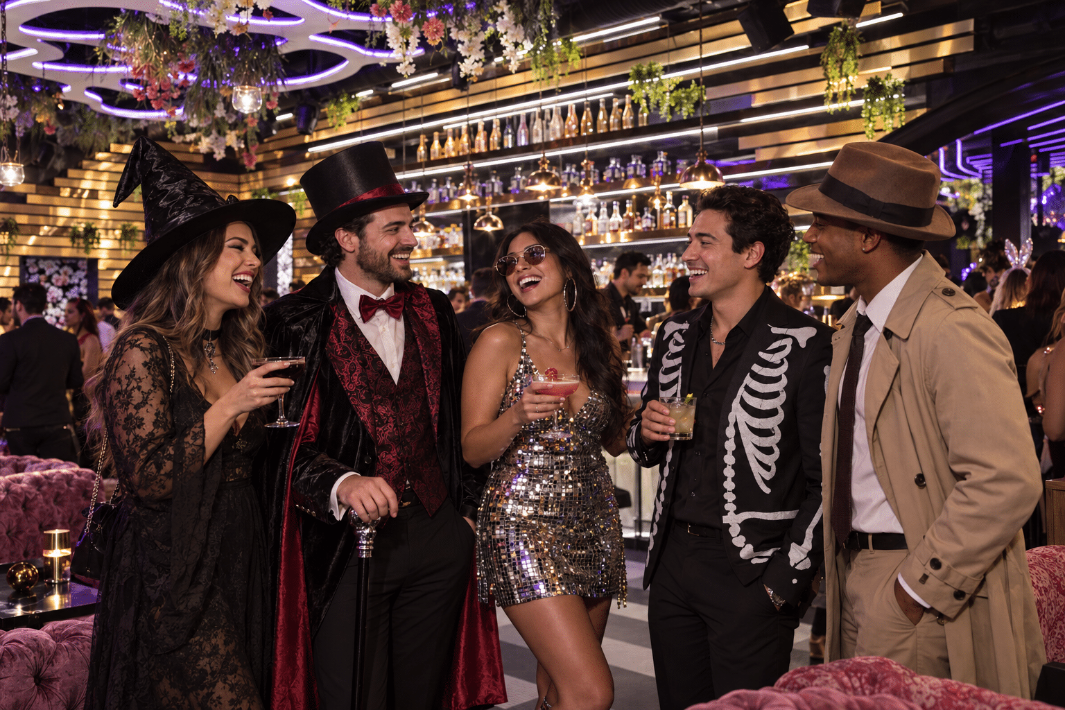 Costumed friends mingle around pink lounge seating beneath SideBar’s purple-lit ceiling and gold bar wall.