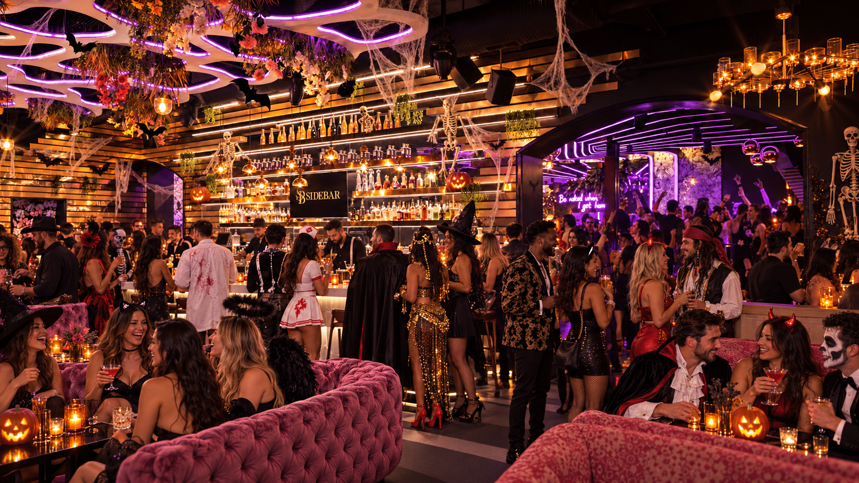 Costumed Halloween partygoers mingle around SideBar’s gold-accented bar and pink lounge seating under purple lights.